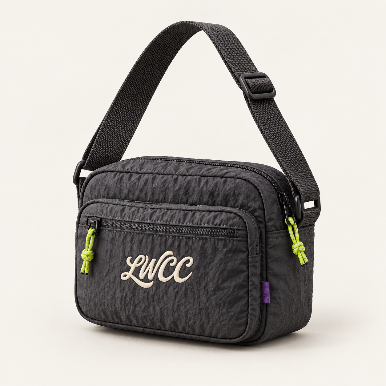 Charcoal crinkle nylon LWCC crossbody bag with lime zip detail