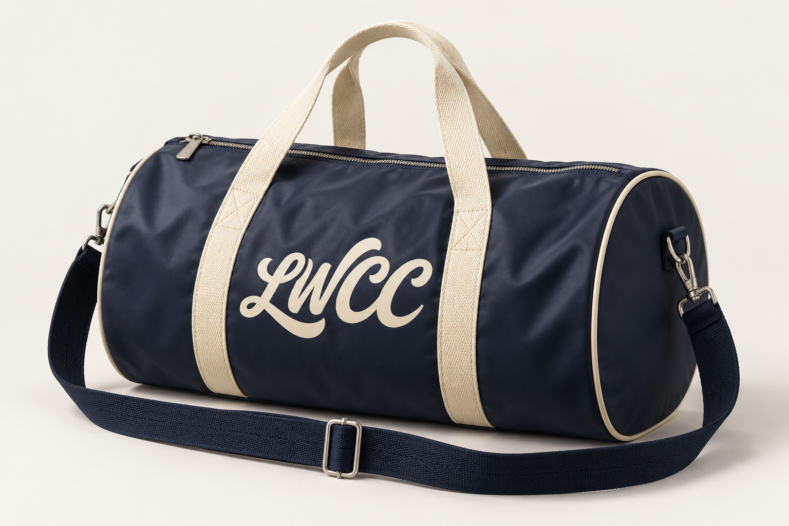 Navy Lost Wight barrel bag with cream piping, handles and LWCC script logo