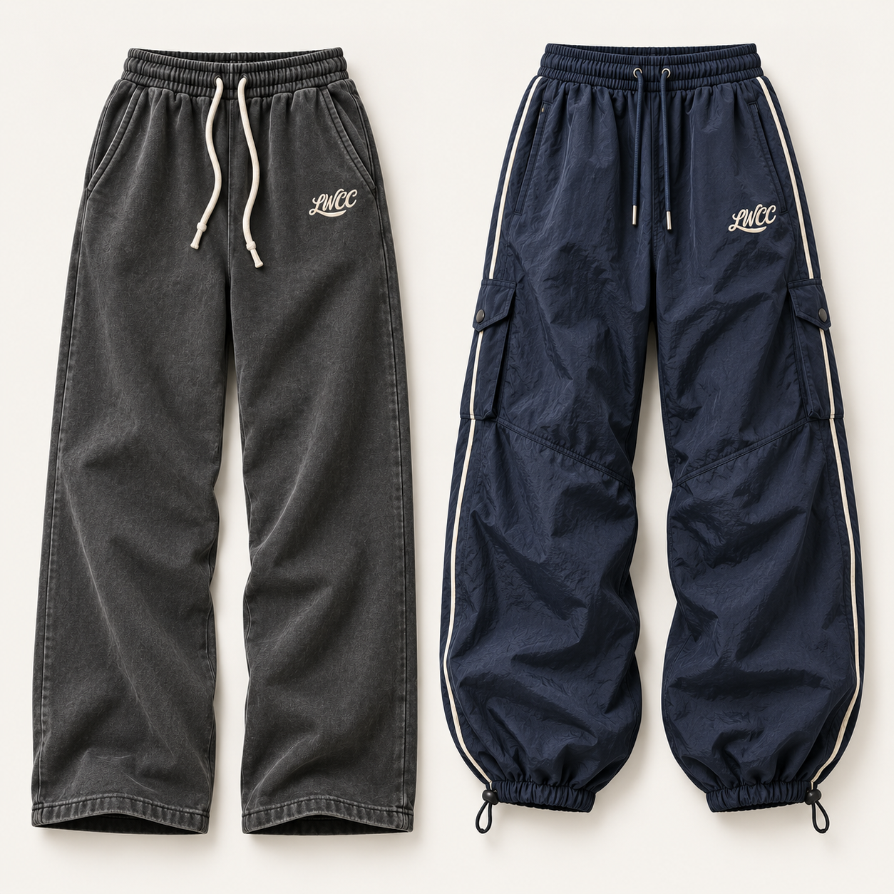 Baggy straight-leg and parachute trouser product comparison