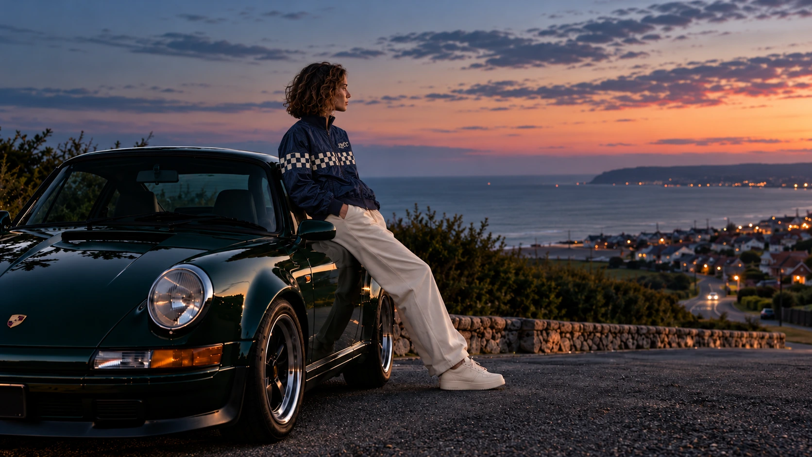 The Lost Wight model in the navy and cream Midnight Check shell jacket, white jeans and cream trainers, leaning against a dark green classic car overlooking Sandown Bay at dusk.
