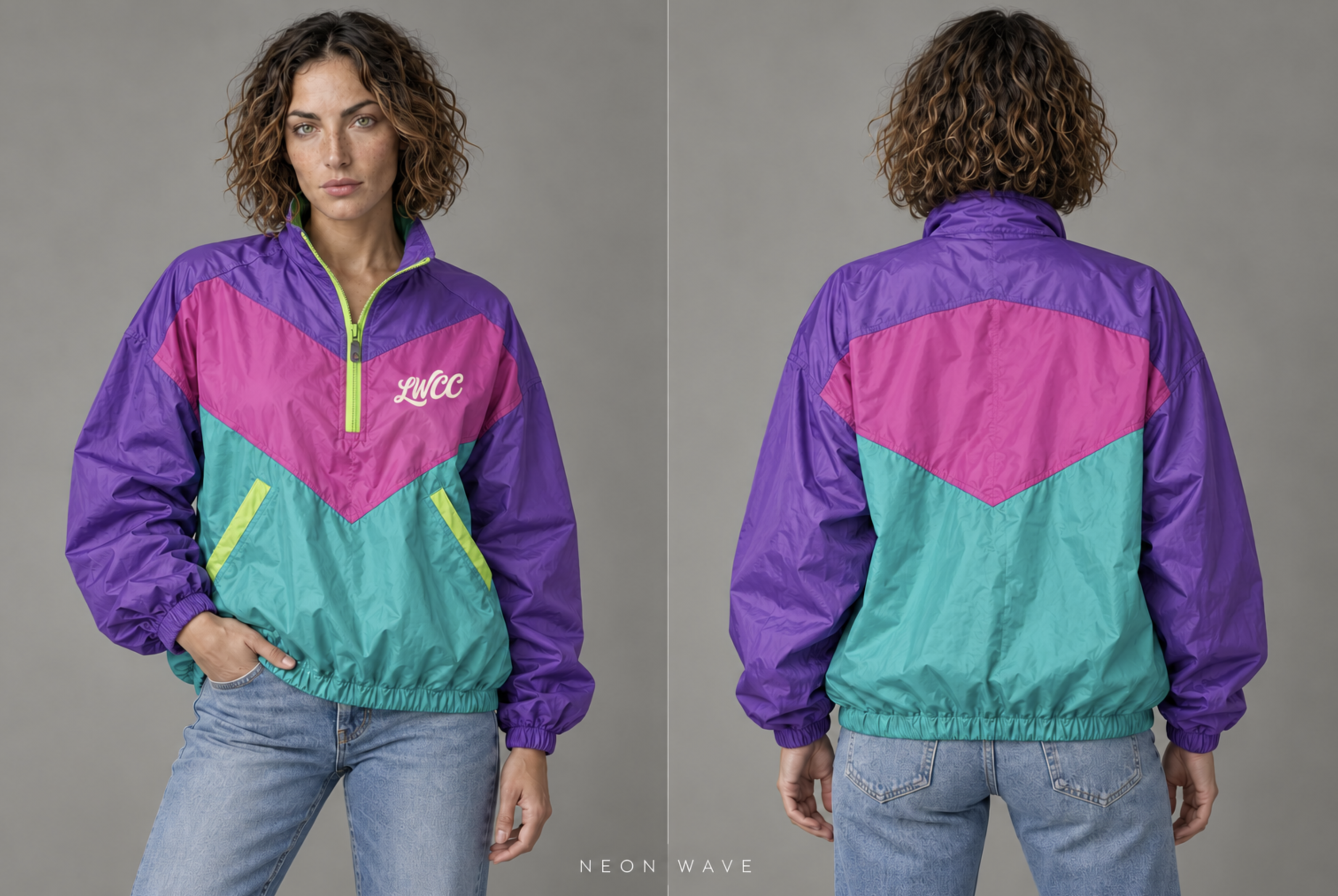 Front and back of the Lost Wight model wearing the Neon Wave shell jacket with purple, pink and teal panels and lime zip details