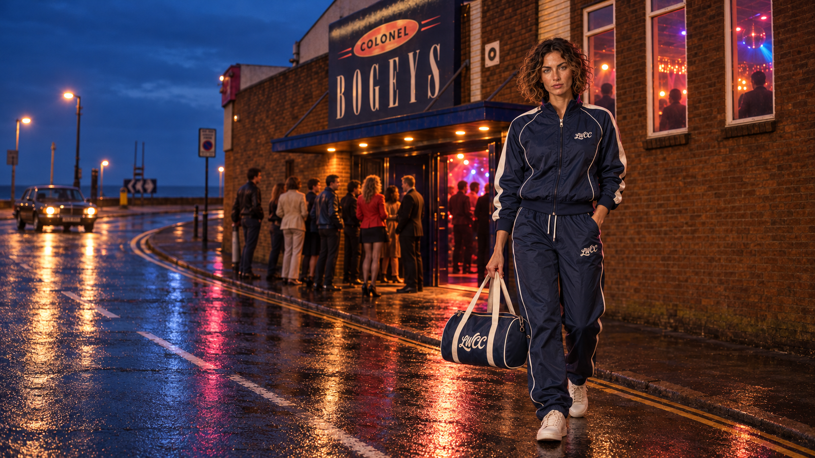 Lost Wight model outside a reimagined Colonel Bogey’s at dusk, wearing Court Piping and carrying the navy bowling bag