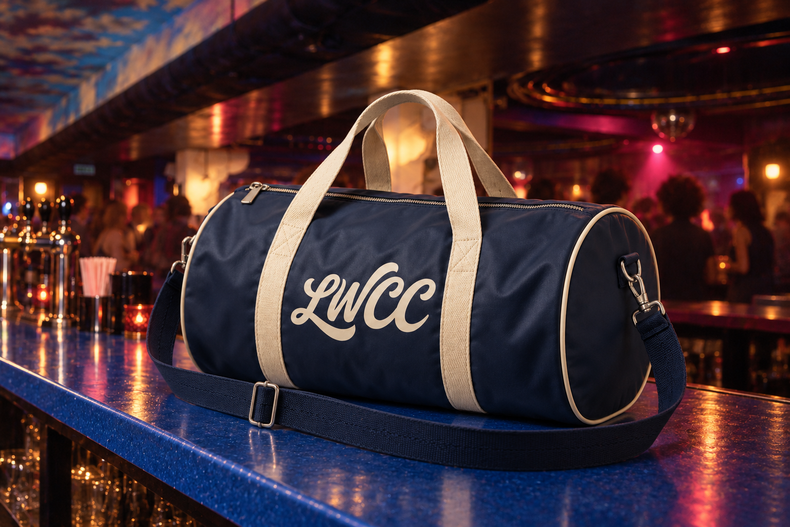 Navy and cream LWCC bowling bag photographed in the club