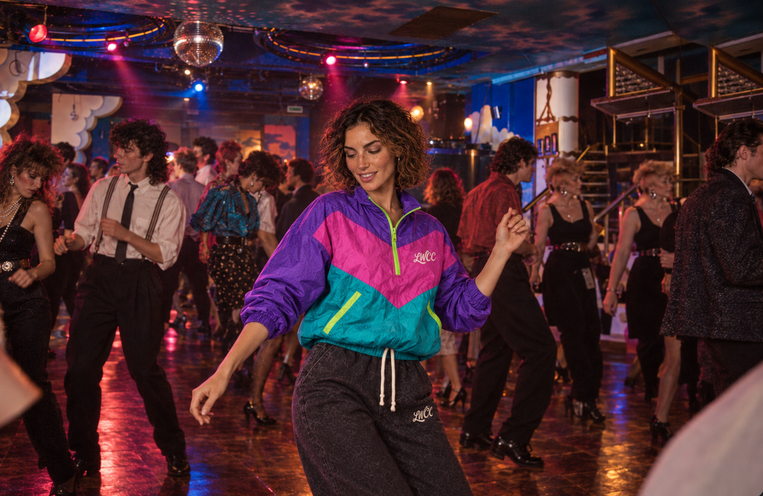 Our model dancing in a purple, pink and teal LWCC shell jacket under the club mirrorballs