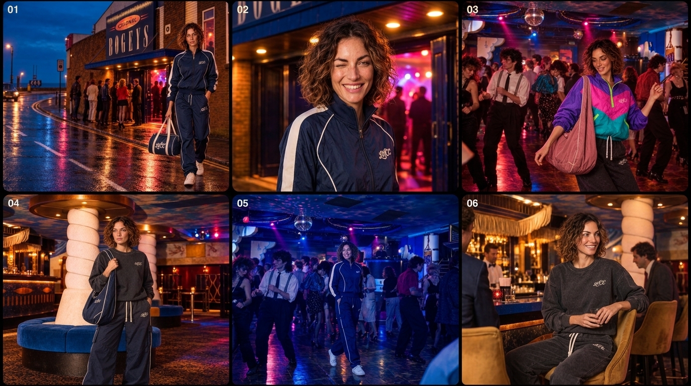 Six-frame Lost Wight fashion storyboard showing the model arriving at Colonel Bogey’s, dancing and relaxing in the lounge
