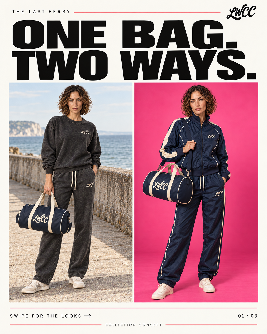 Cover: the same model in charcoal sweats and navy shell sportswear, each with the bowling bag.