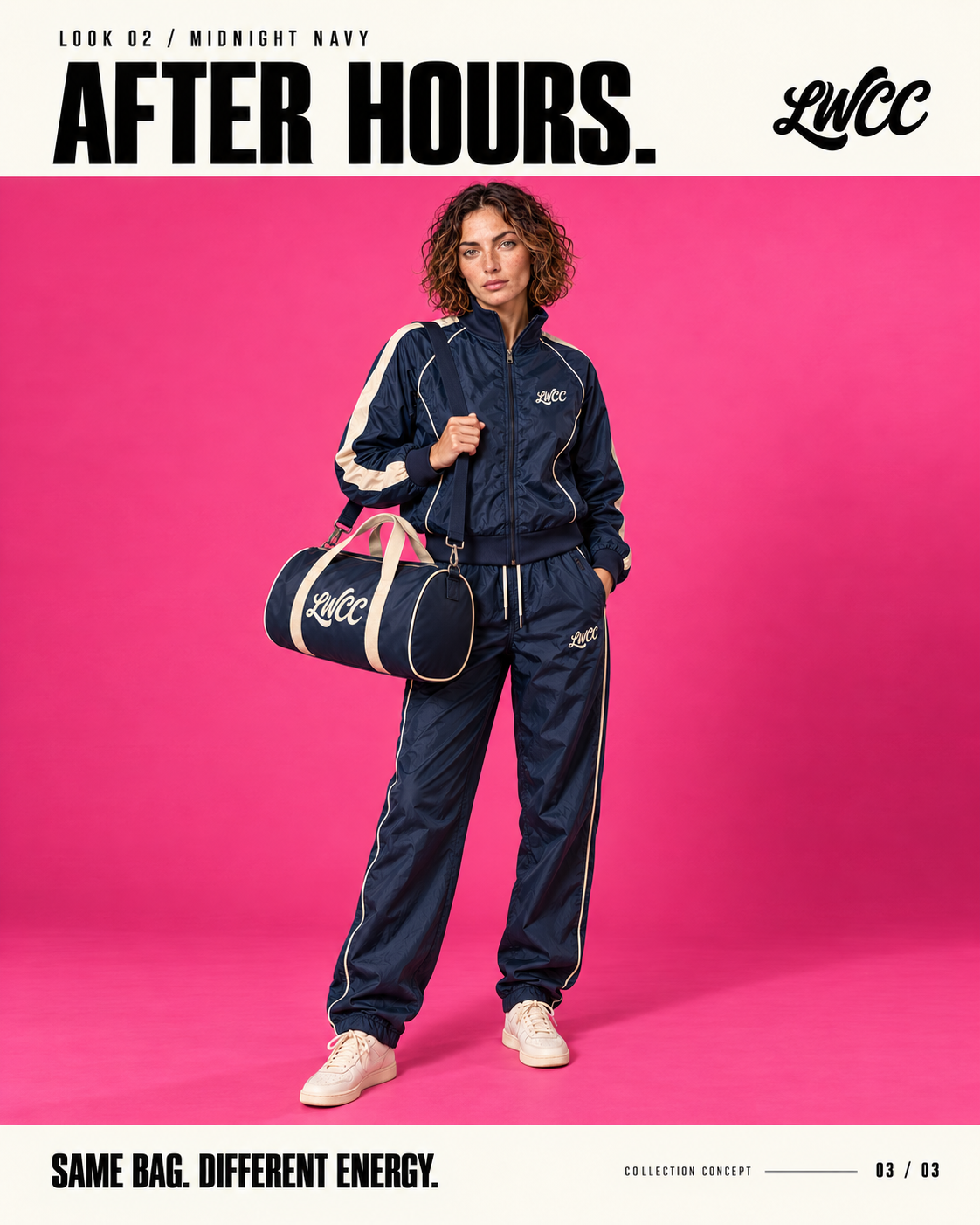The model wearing navy and cream shell sportswear with the bowling bag against neon pink.