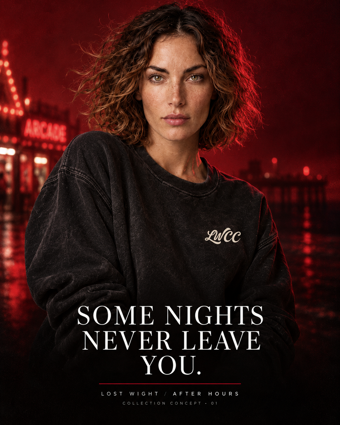 The Lost Wight model in a charcoal LWCC sweatshirt, lit by red arcade lights.