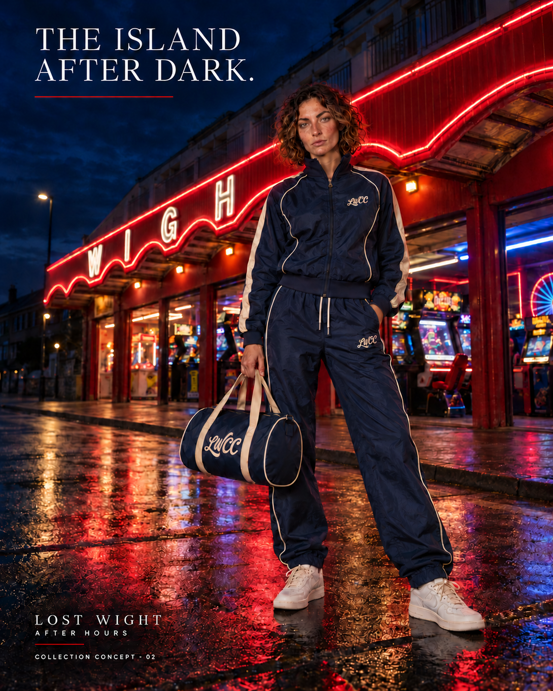 The model outside Wight City at night in navy shell sportswear with the bowling bag.