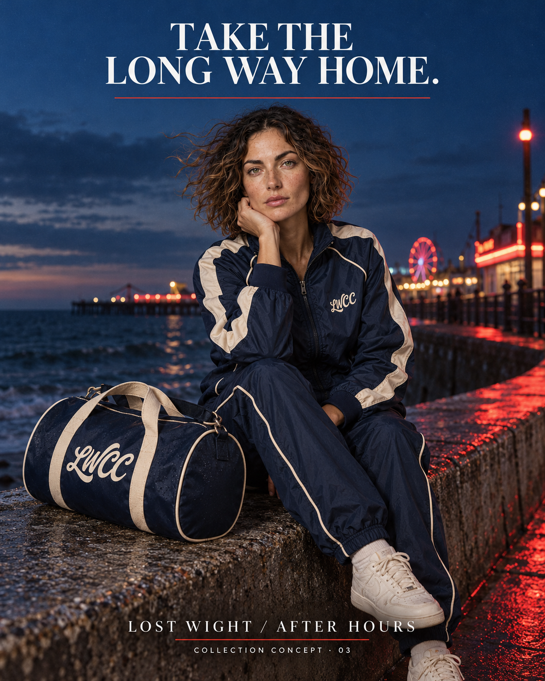 The model sitting on a seaside wall at blue hour with the navy and cream bowling bag.