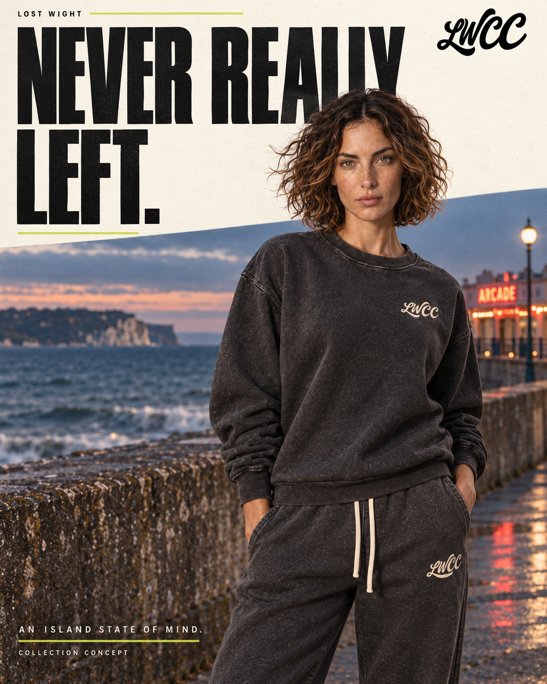 The Lost Wight model in washed charcoal sweats on a dusk promenade, with Never Really Left typography.