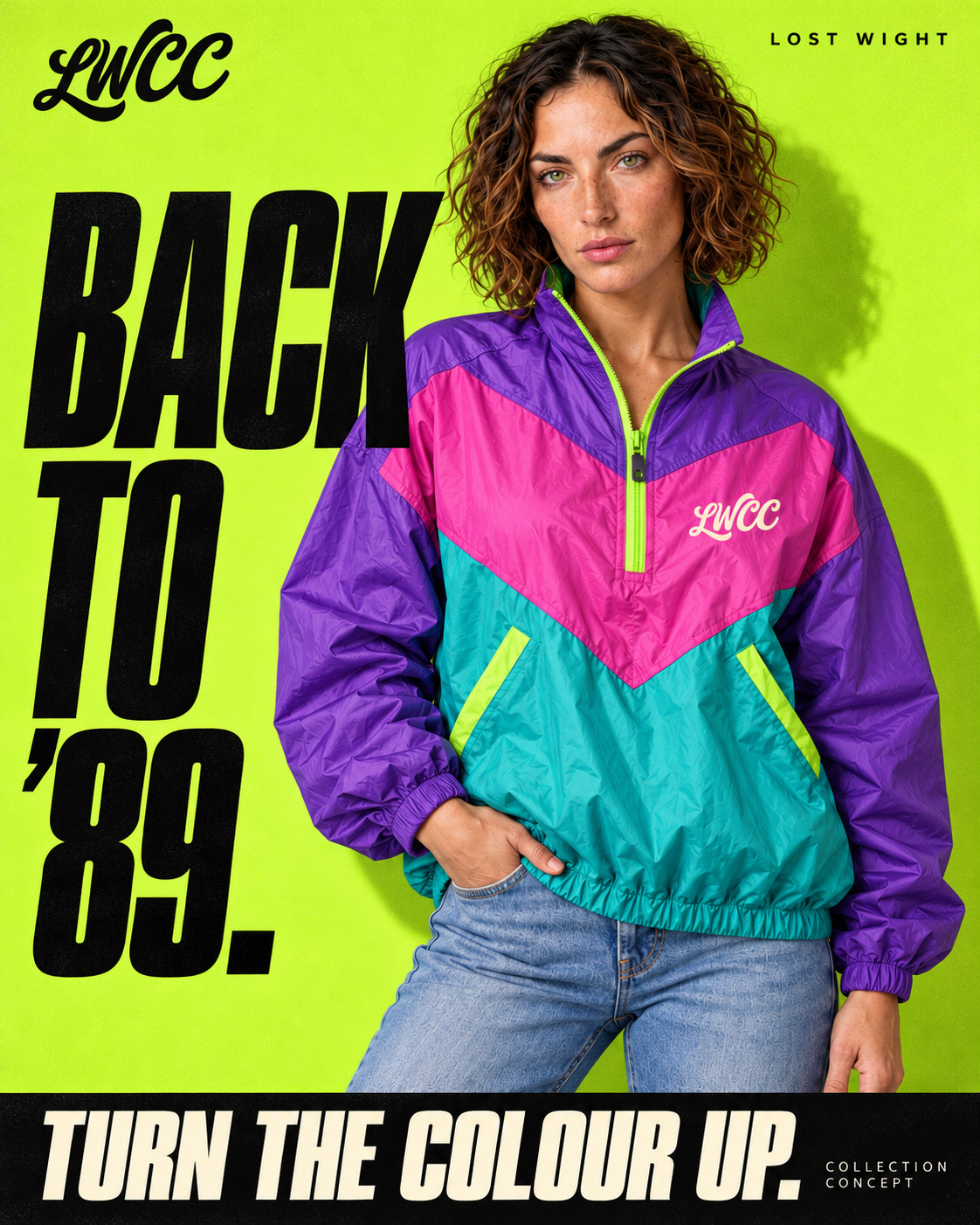 The Lost Wight model wearing the purple, pink and teal Neon Wave shell jacket against acid green.