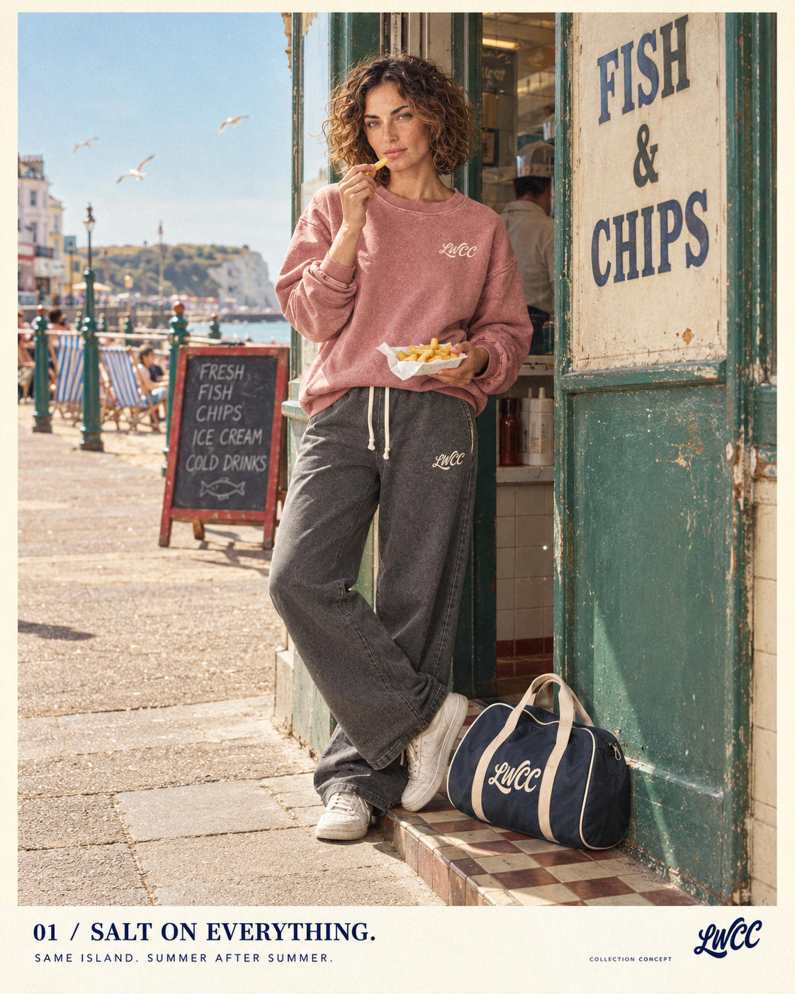 The LWCC model in a faded rose sweatshirt and baggy charcoal joggers eating chips outside a seaside chip shop, with the bowling bag beside her.