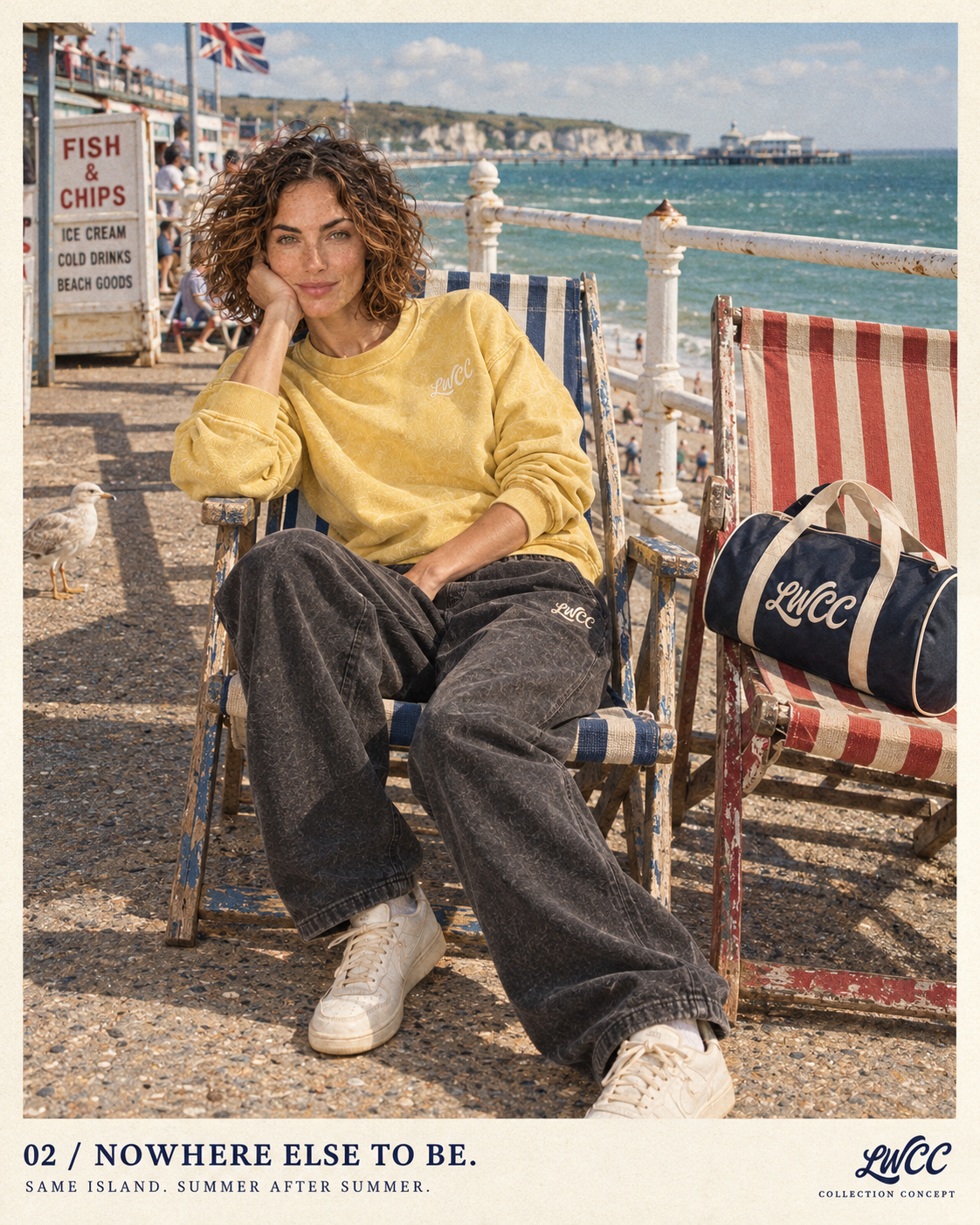 The LWCC model in a sun-yellow sweatshirt and baggy charcoal joggers in a striped deckchair, with the bowling bag on the adjacent chair.