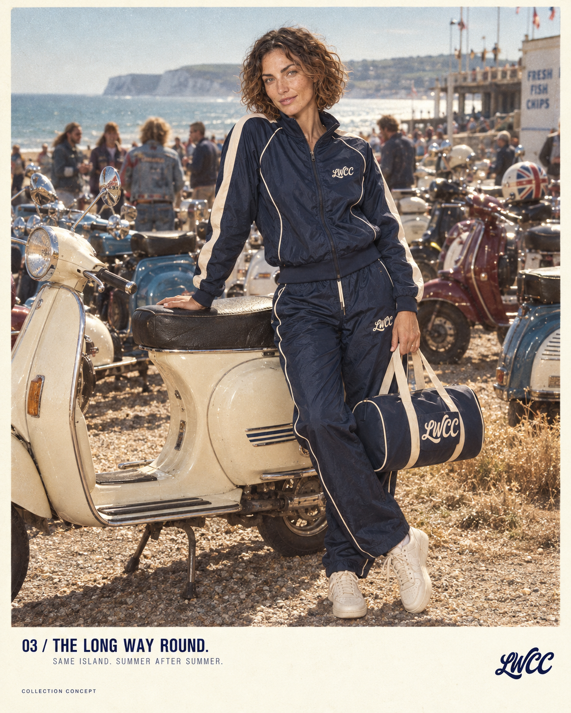 The LWCC model in navy and cream shell sportswear carrying the bowling bag beside vintage scooters at the seaside.