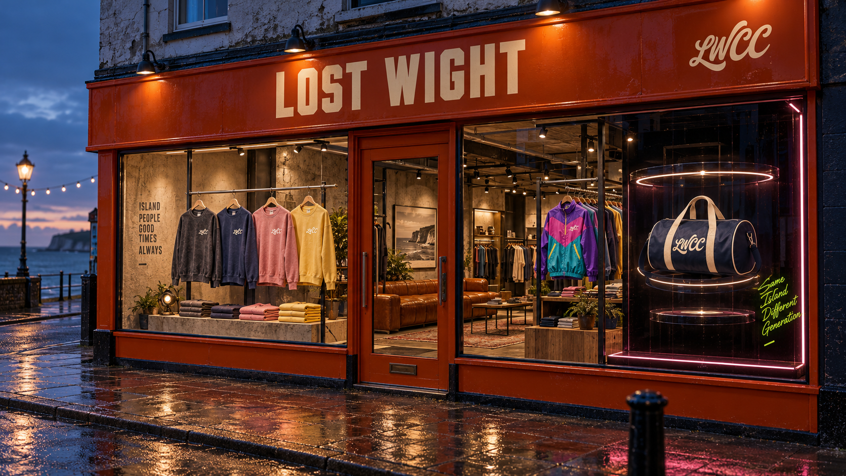 Orange Lost Wight storefront at dusk, four sweatshirt colours in one window and an illuminated bowling bag display in the other