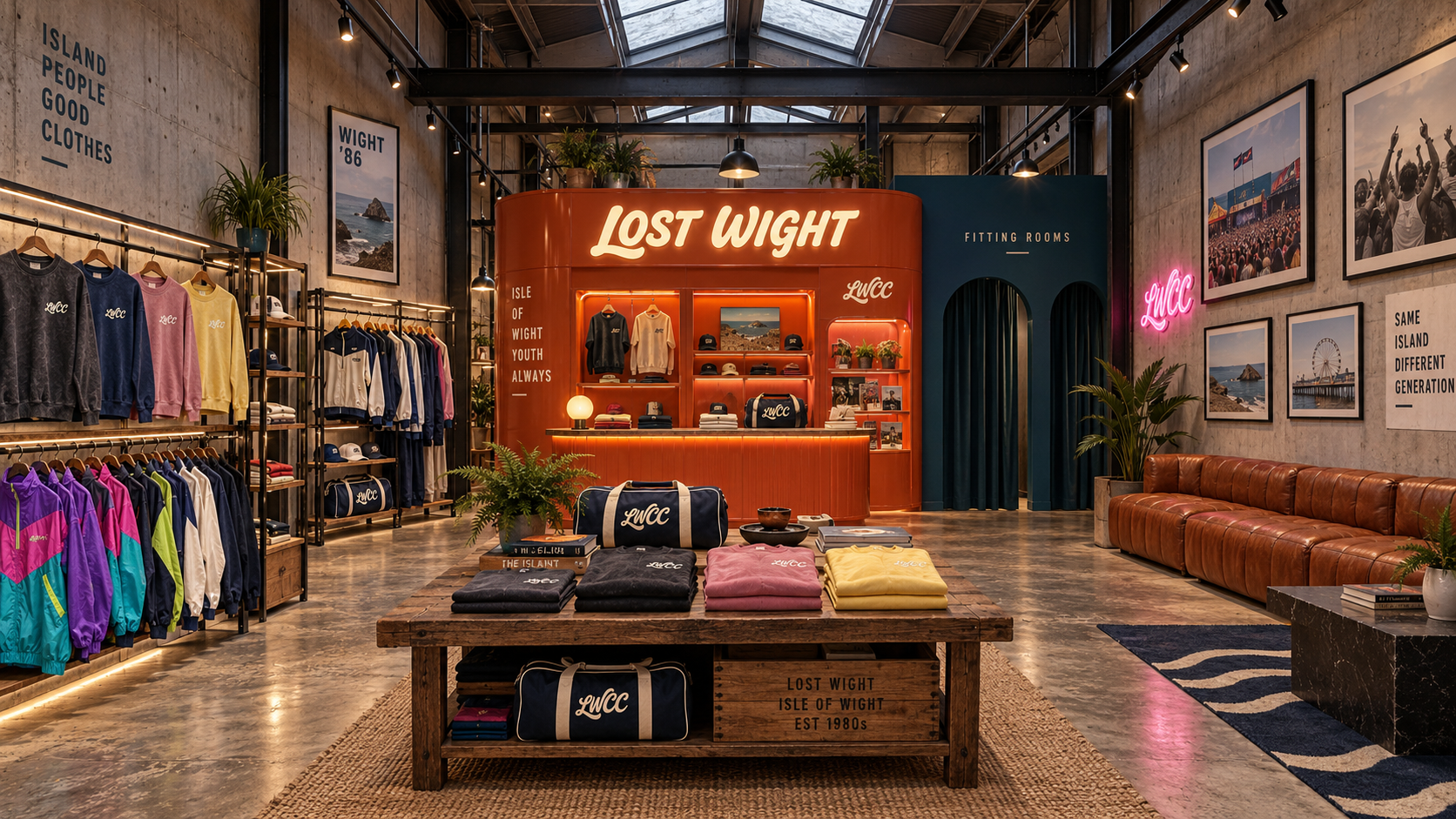 Industrial Lost Wight interior with branded sweatshirts, neon shell jackets, orange service counter, teal fitting rooms and a caramel leather sofa