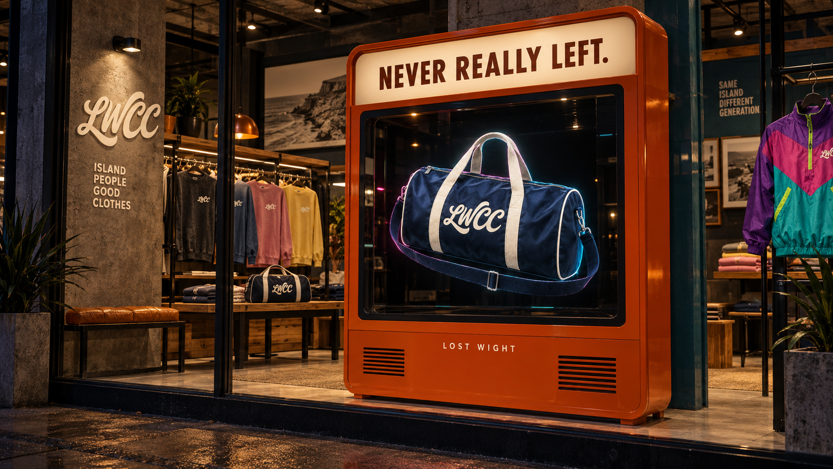 Orange arcade-inspired glass-fronted advertising enclosure with a luminous navy and cream LWCC bowling bag appearing to float against black