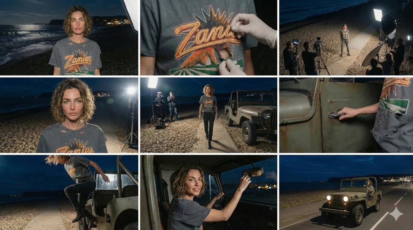 Nine-frame Zanies campaign storyboard showing the seafront shoot, shirt graphic, jeep and model