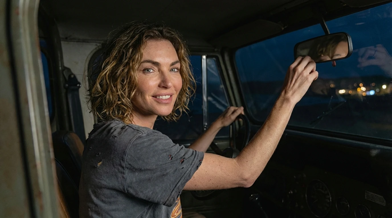 The model smiling in the driver's seat of the vintage jeep in her Zanies T-shirt