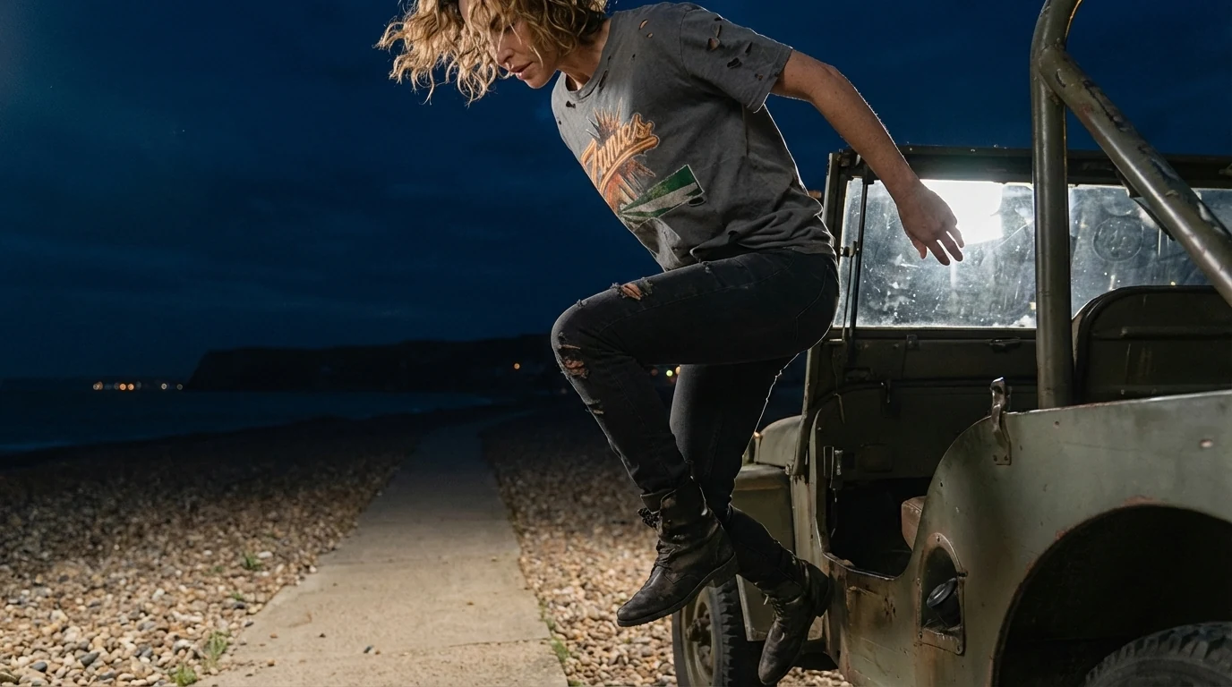The Zanies model stepping down from the open-top jeep by the sea