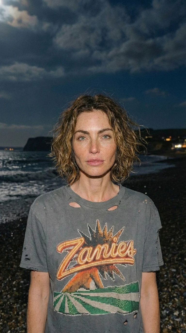 The Lost Wight model wearing the distressed charcoal Zanies graphic T-shirt on the seafront at dusk