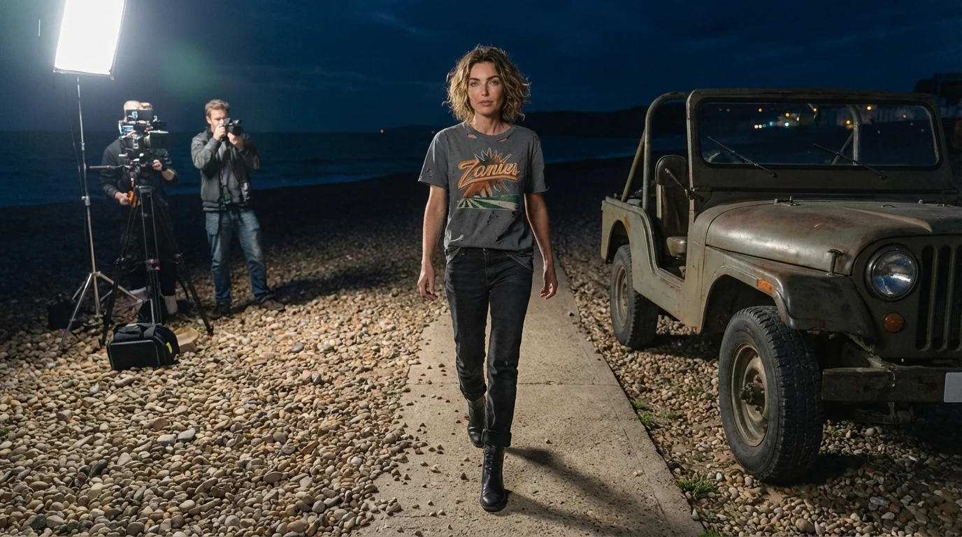The model walking beside a vintage olive jeep during the Zanies seafront night shoot